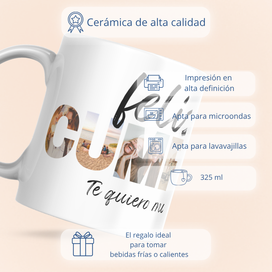 Frase de caneca "FELIZ ANIVERSÁRIO" com fotos