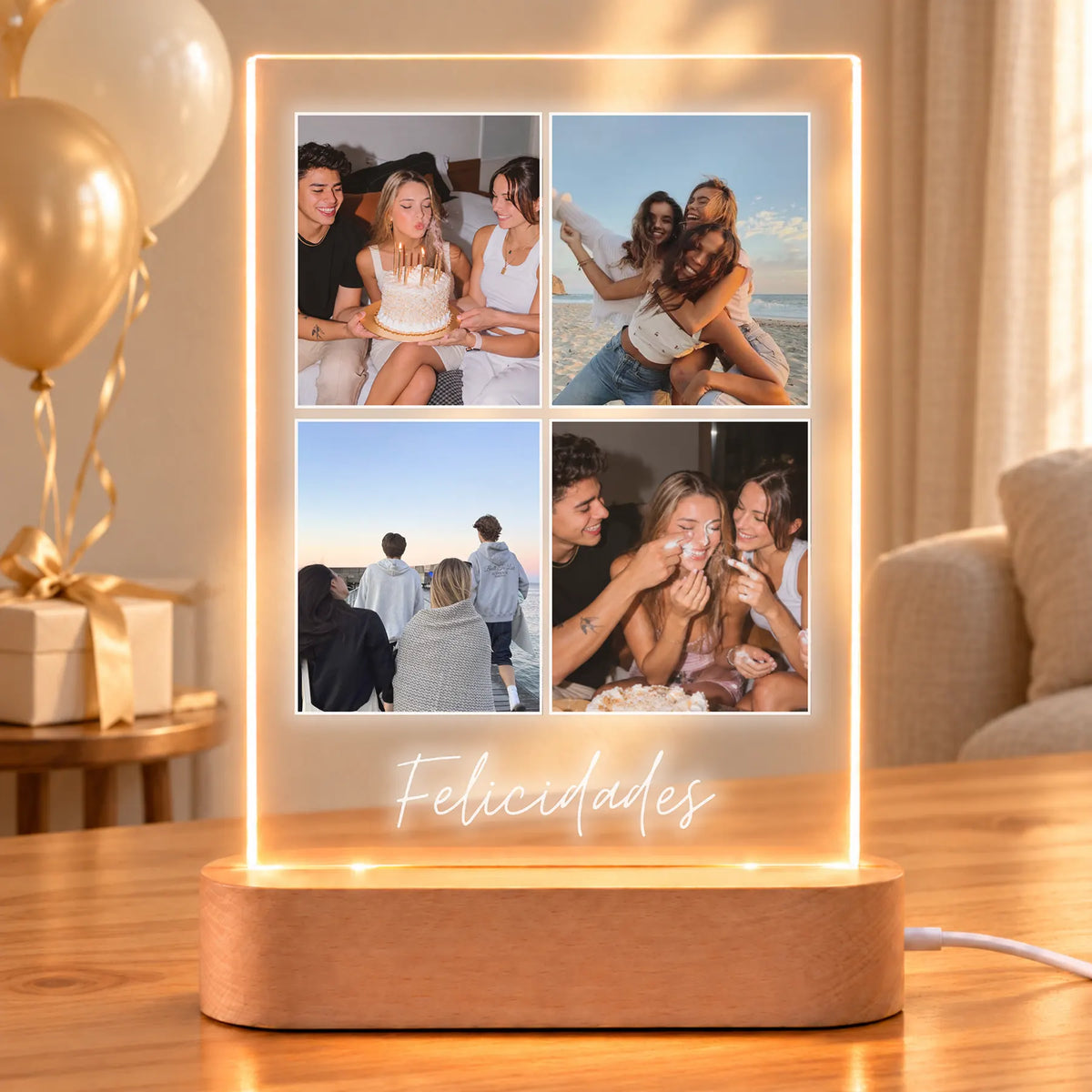 Lámpara Personalizada Vertical con 4 Fotos y Dedicatoria para Cumpleaños
