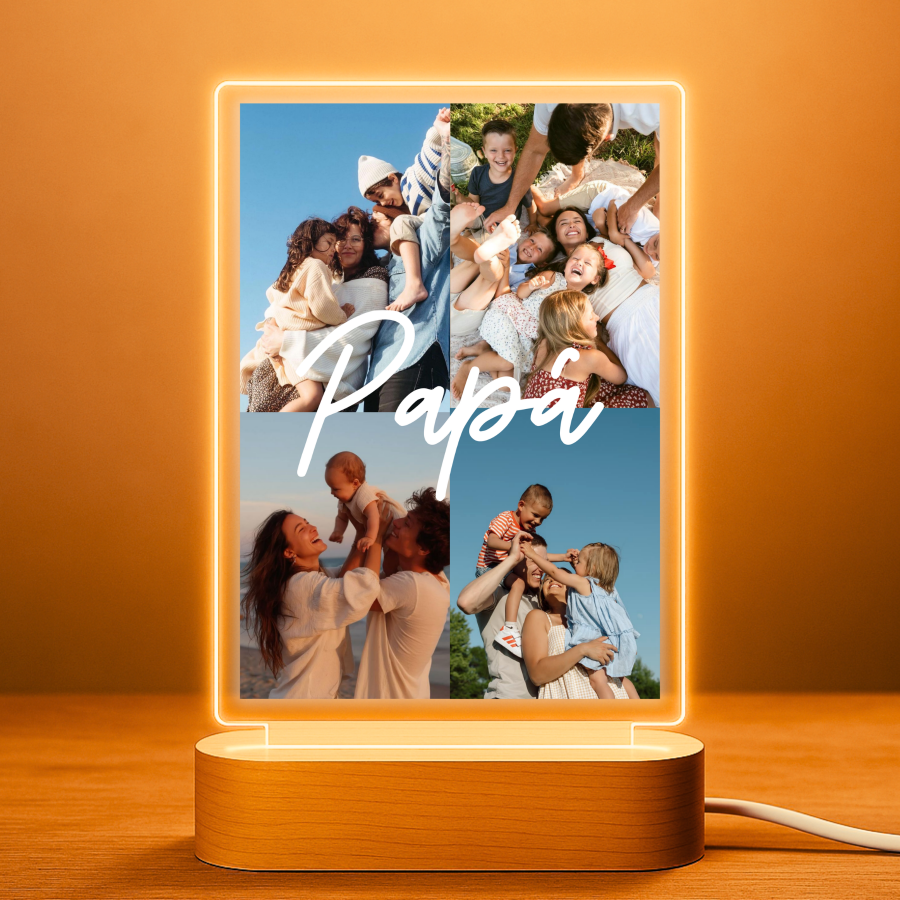 Lámpara personalizada  Papá con collage de 4 fotos sobre metacrilato premium