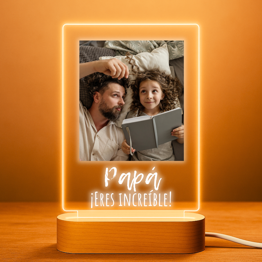 Lámpara personalizada papá con foto y texto sobre metacrilato premium