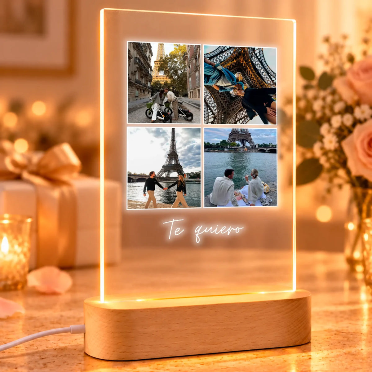 Lámpara Personalizada Vertical con 4 Fotos y Dedicatoria para Aniversario