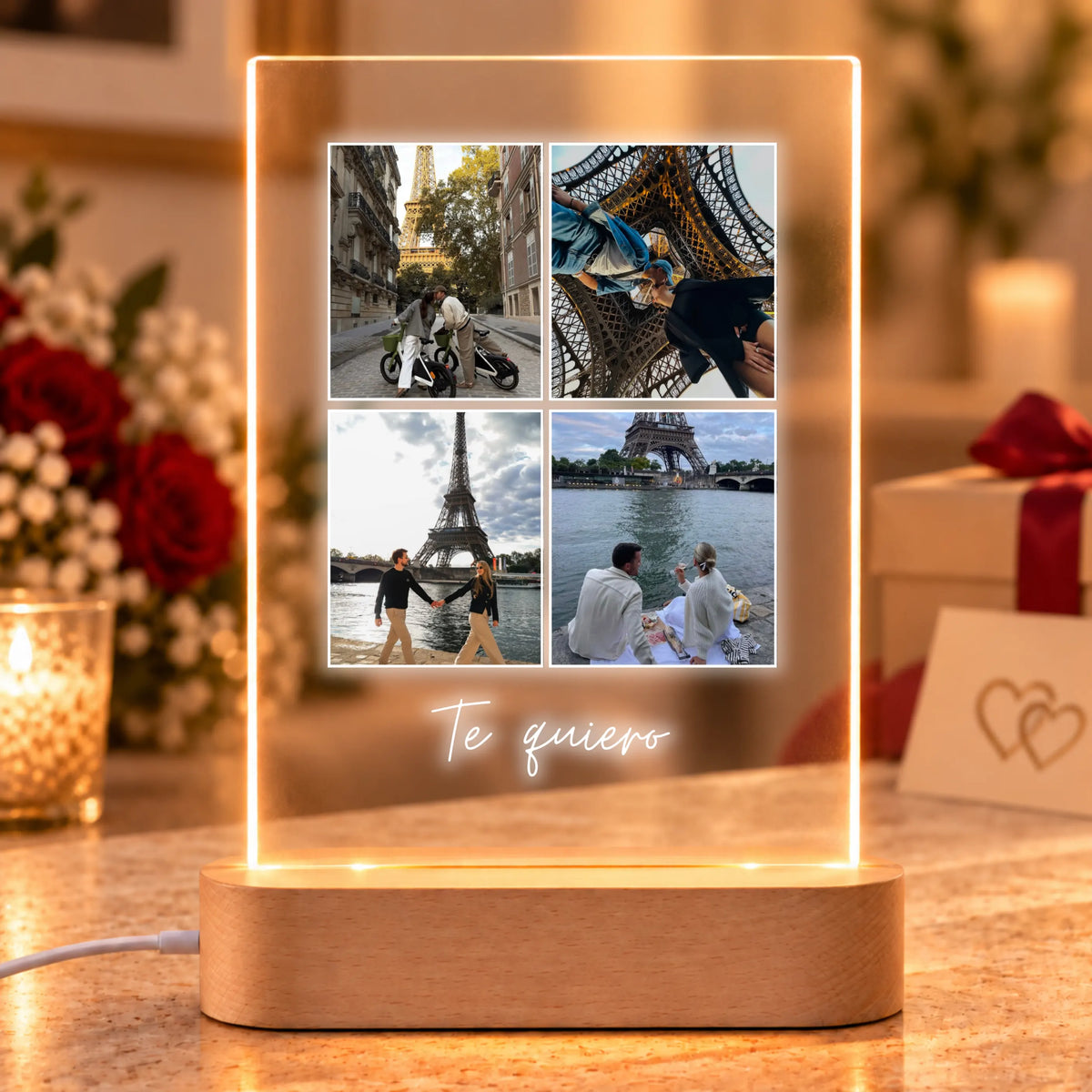 Lámpara Personalizada Vertical con 4 Fotos y Dedicatoria para Aniversario