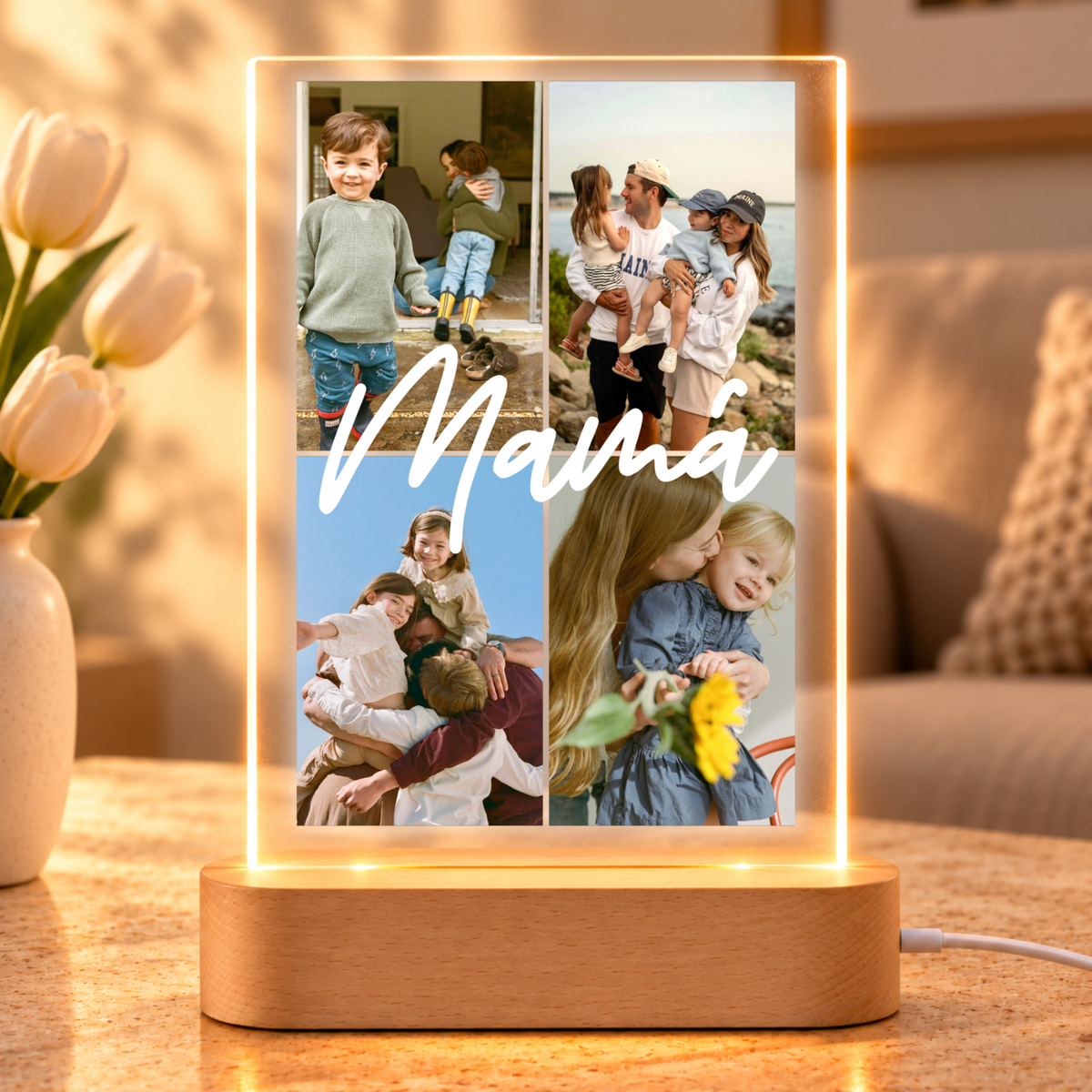 Colagem de 4 fotos da lâmpada da mãe