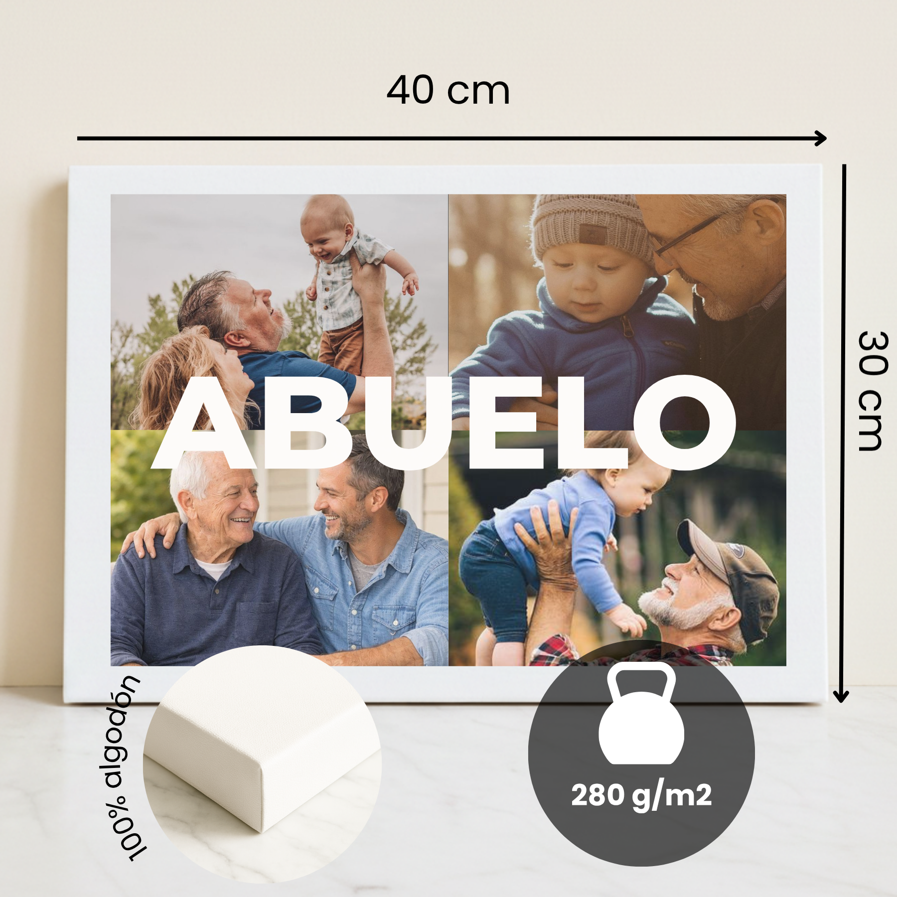 Lienzo Personalizado para Abuelo con 4 Fotos y Texto Central
