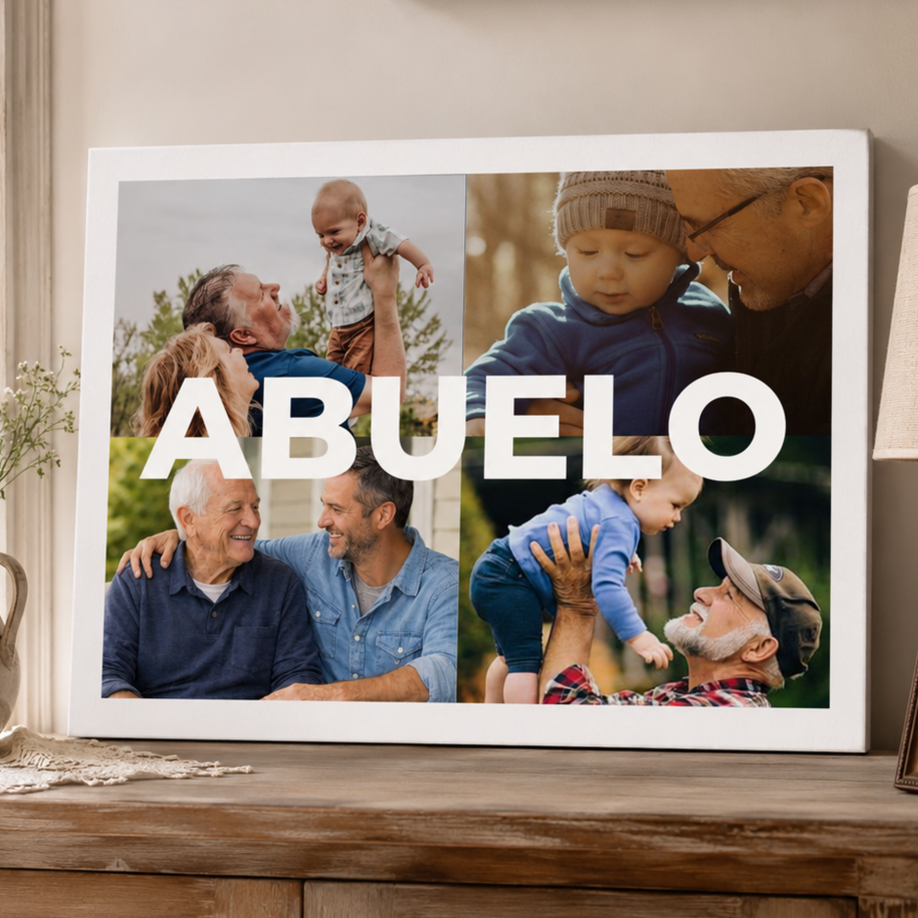 Lienzo Personalizado para Abuelo con 4 Fotos y Texto Central