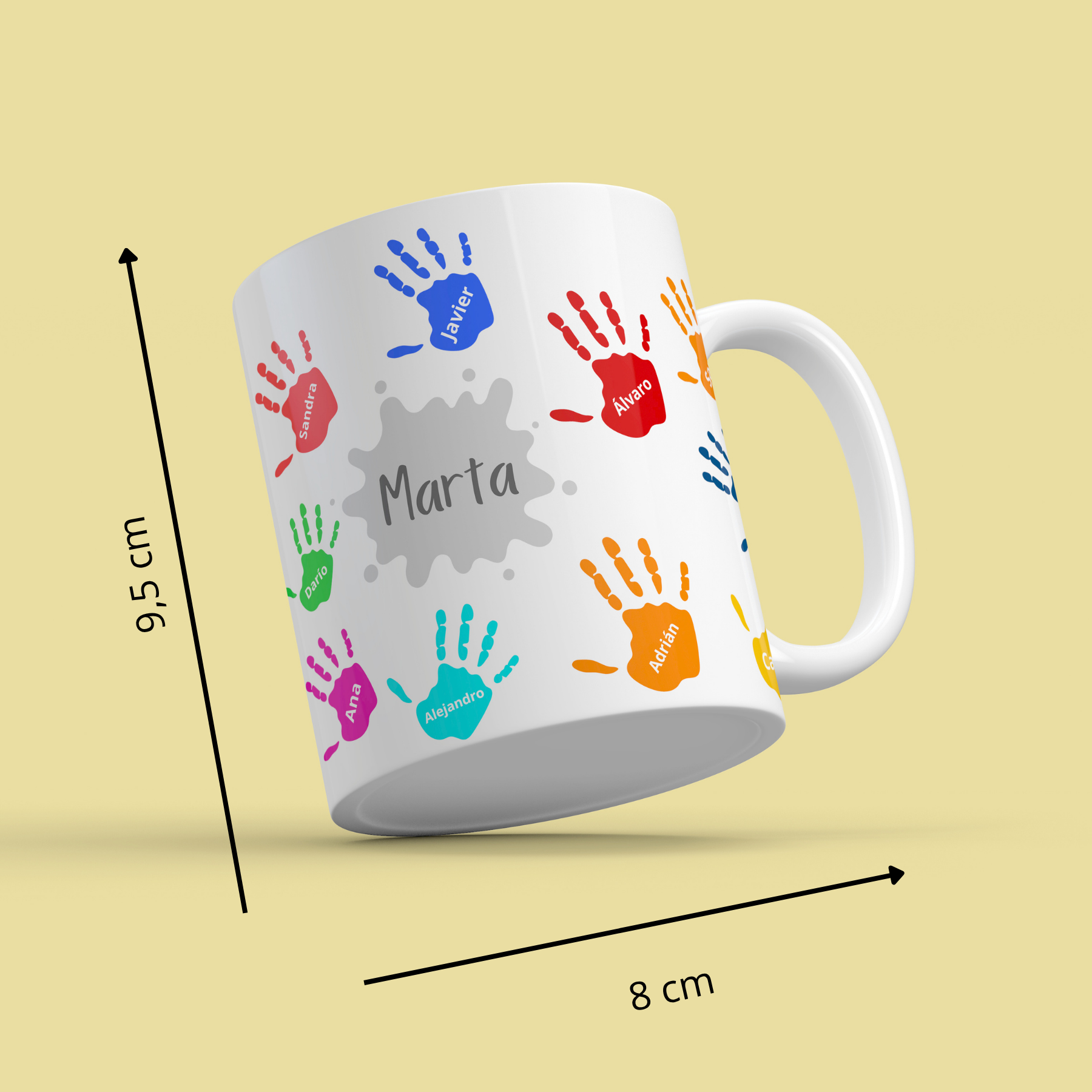 Taza Personalizada con Nombres y manos de colores