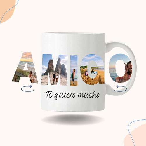 Taza personalizada con fotos de amistad y la palabra 'Amigo' en letras elegantes.