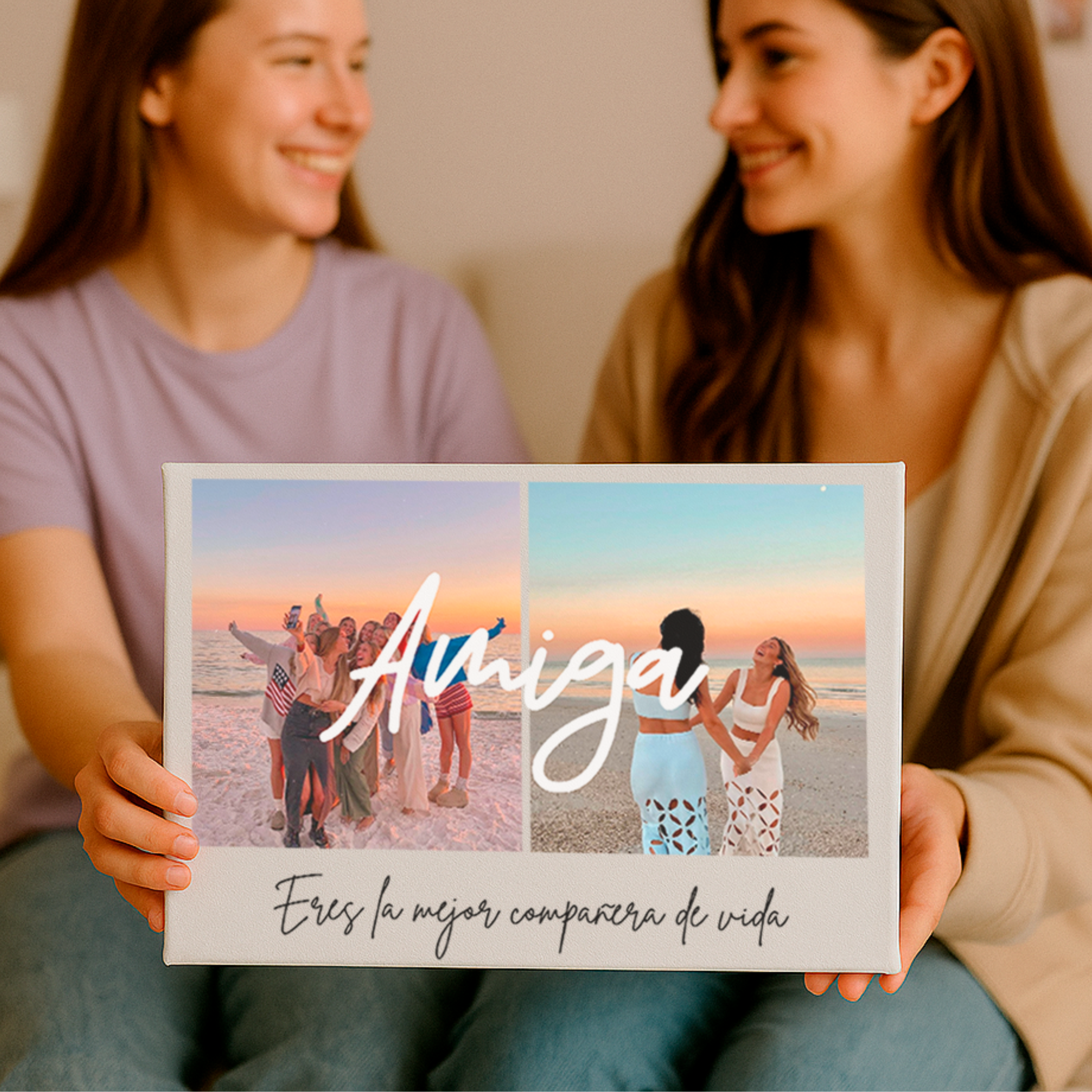 Lienzo 2 fotos con texto en centro y dedicatoria