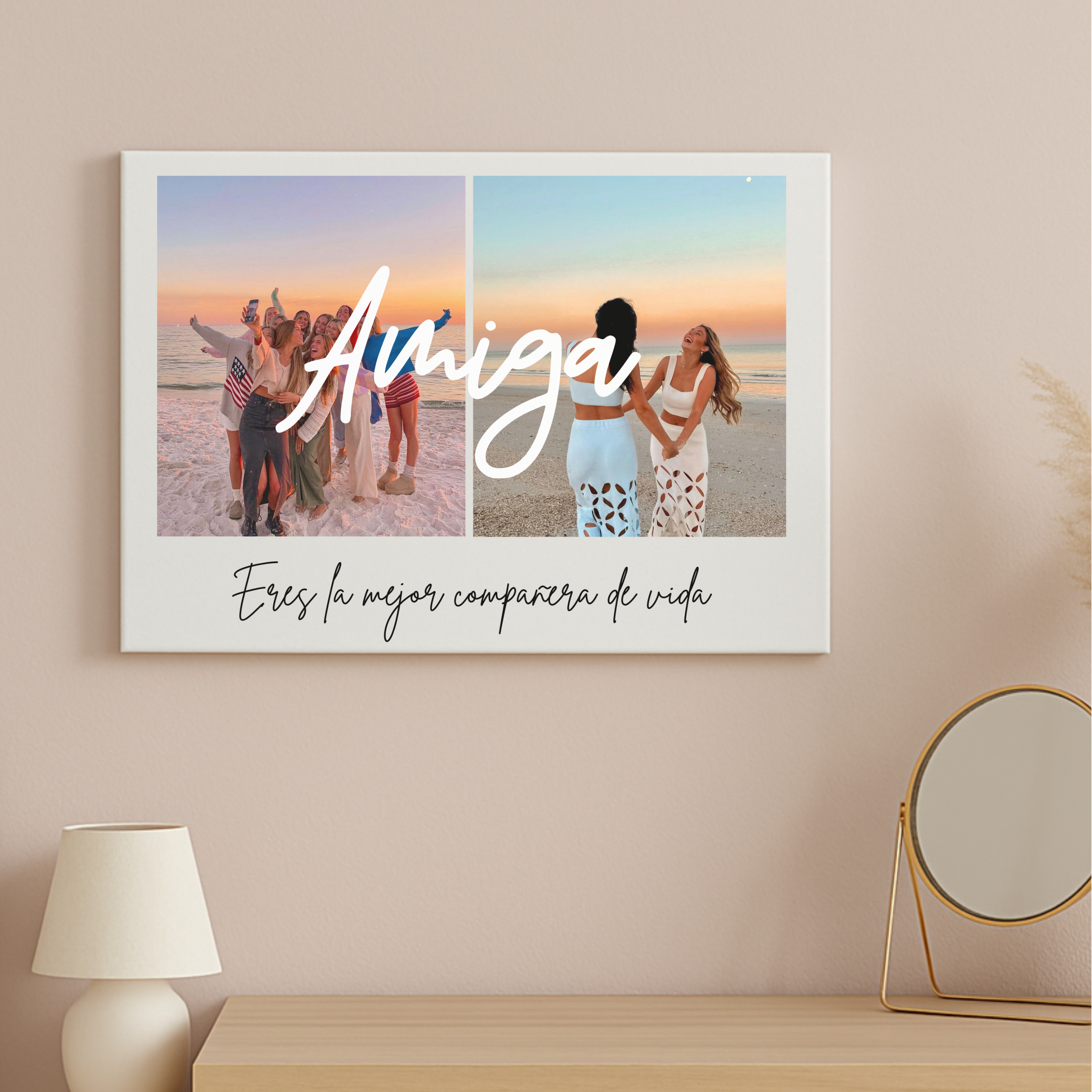 Lienzo 2 fotos con texto en centro y dedicatoria