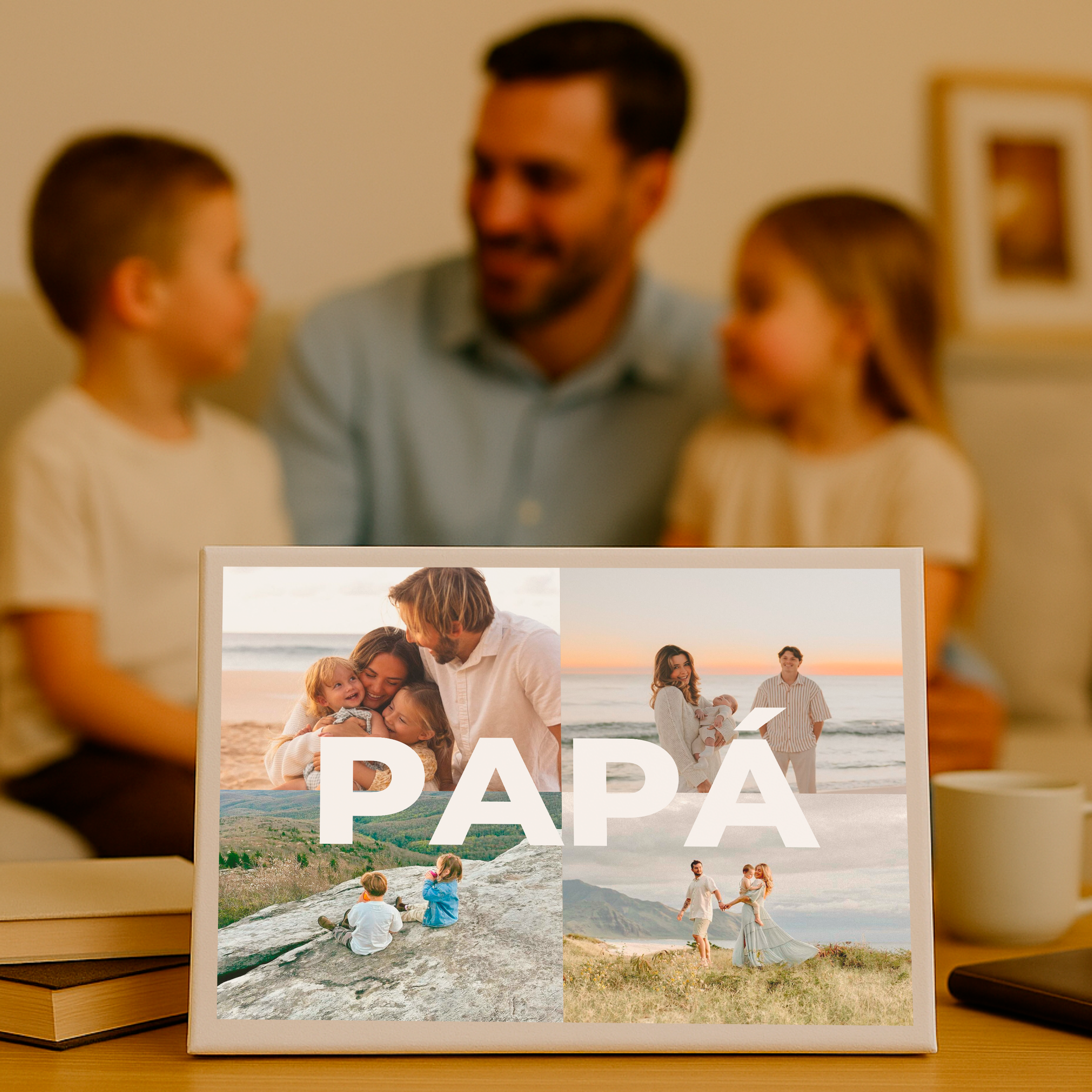 Lienzo 4 fotos con texto PAPÁ en centro