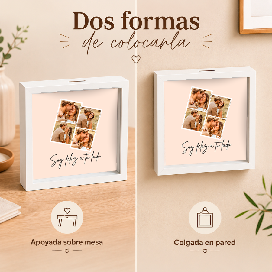 Hucha con cuatro fotos personalizadas de pareja, regalo original para ahorrar juntos