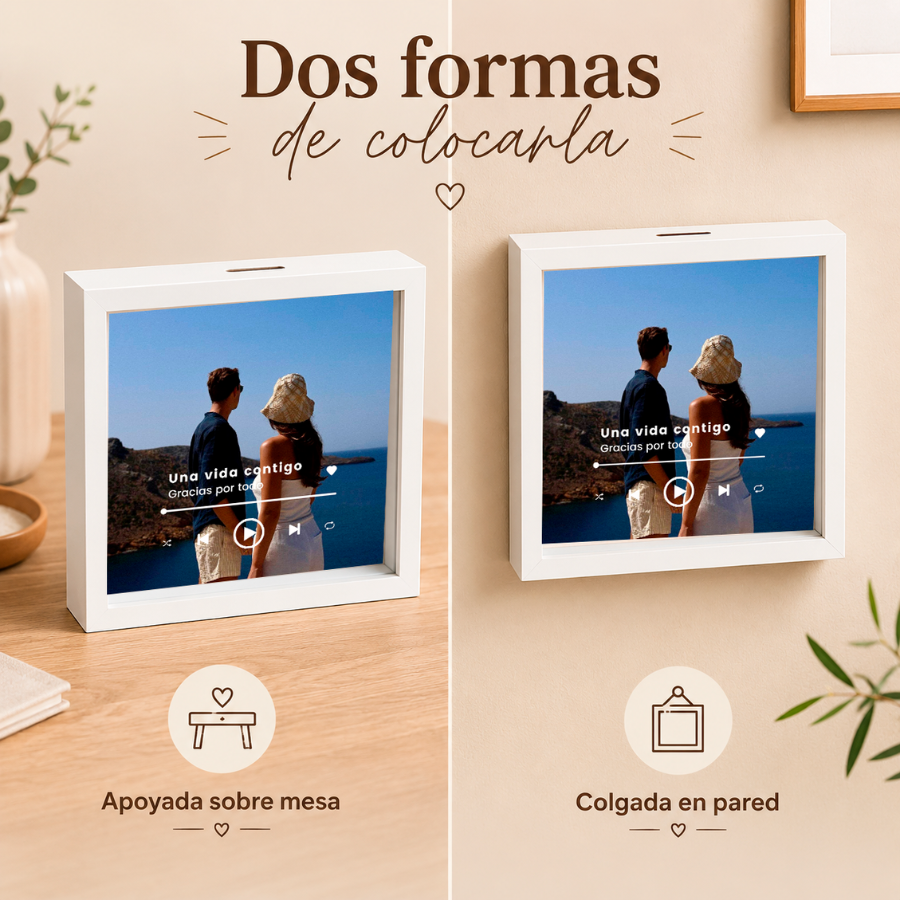 Hucha con foto completa personalizada y diseño musical con canción y dedicatoria
