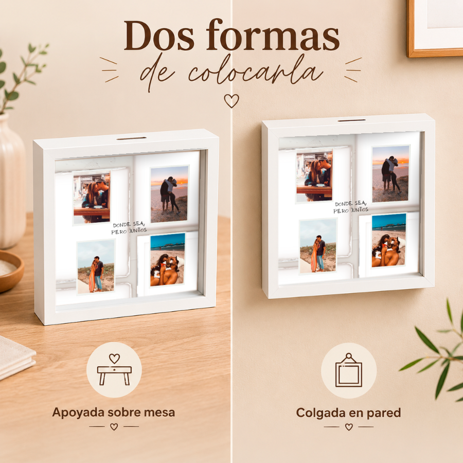 Hucha con cuatro fotos personalizadas para pareja, regalo original para ahorrar juntos