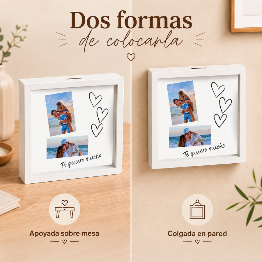 Hucha con dos fotos personalizadas para pareja, ideal para ahorrar juntos para viajes y proyectos