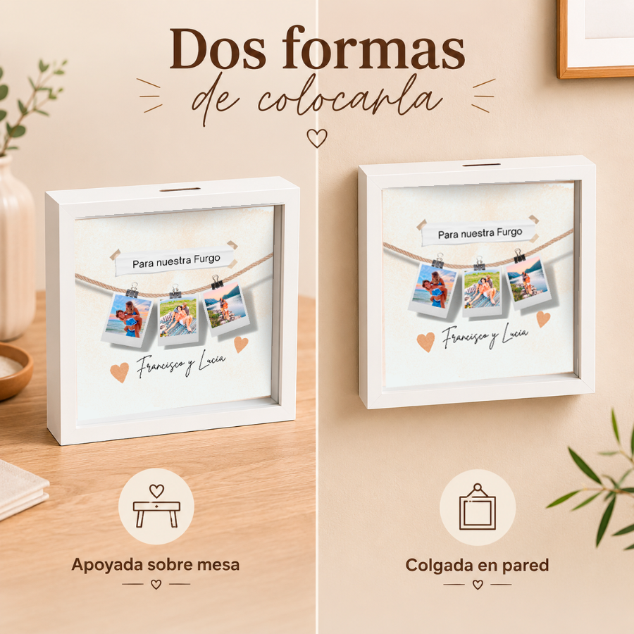 Hucha con tres fotos personalizadas y nombres, regalo original para pareja