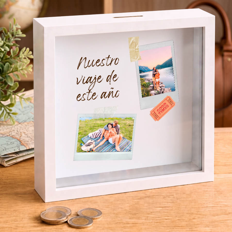 Hucha personalizada con 2 fotos y mensaje Nuestro viaje de este año