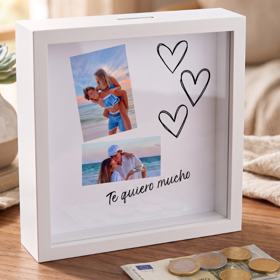 Hucha personalizada con 2 fotos y mensaje Te quiero mucho, regalo original para pareja