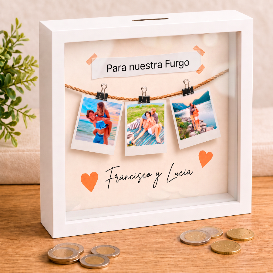 Hucha personalizada con 3 fotos de pareja y mensaje Para nuestro futuro