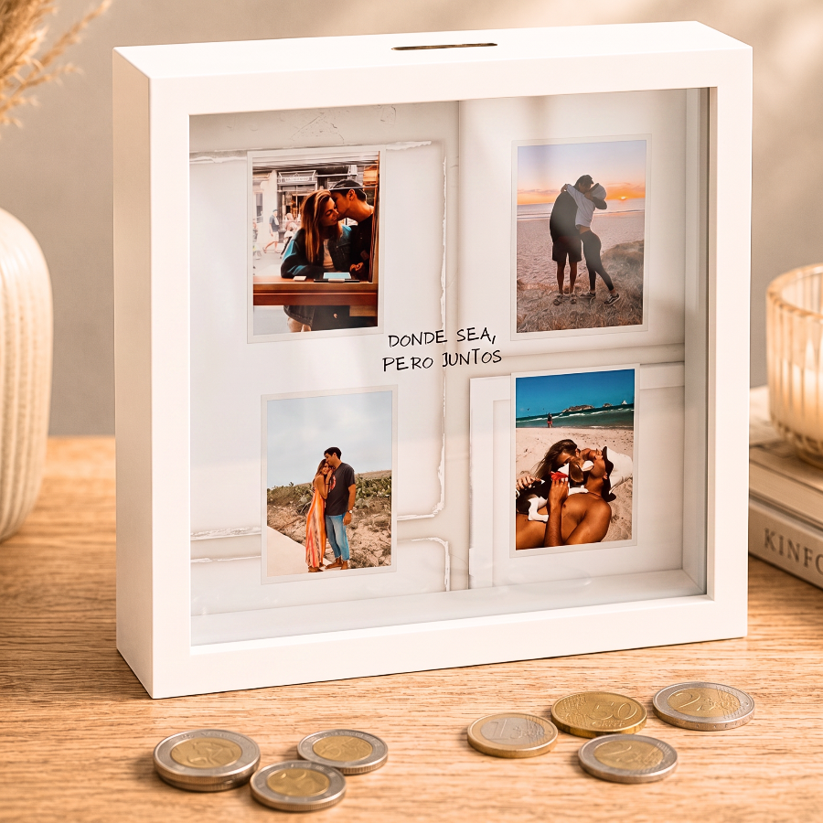 Hucha personalizada con 4 fotos de pareja y mensaje Donde sea pero ir juntos