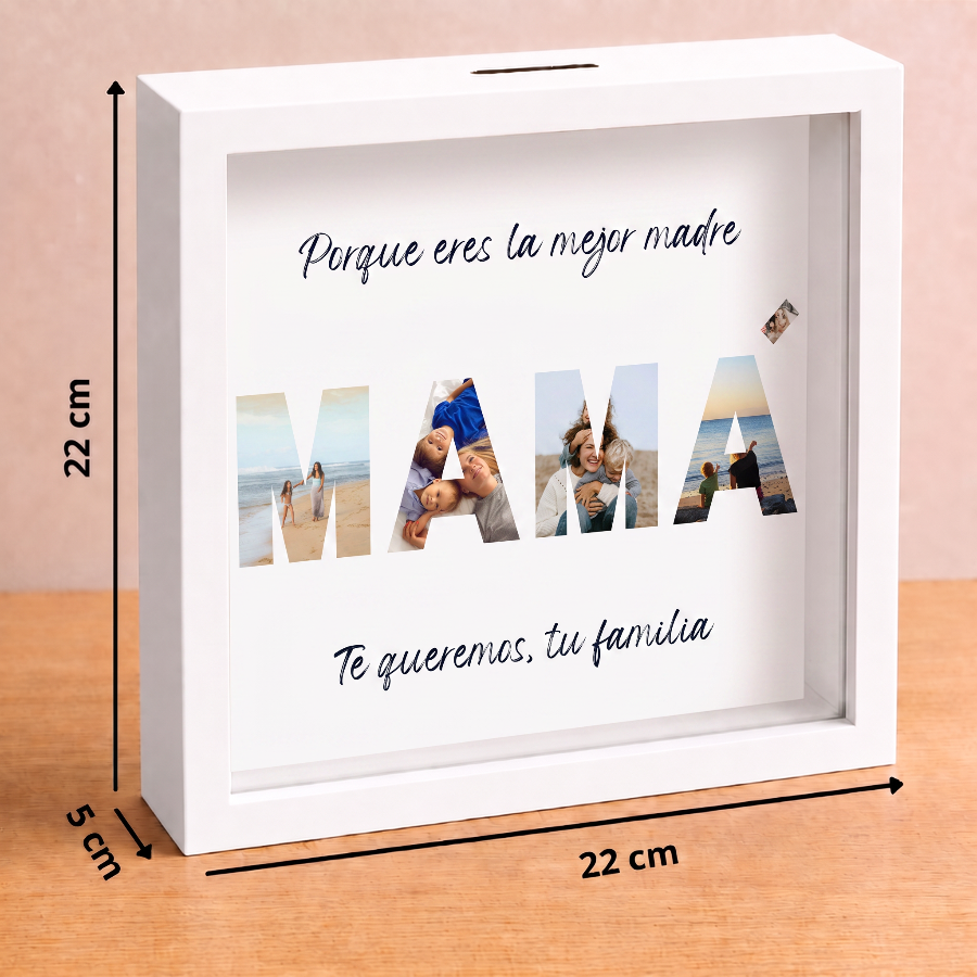 Hucha personalizada para mamá con fotos familiares y dedicatoria