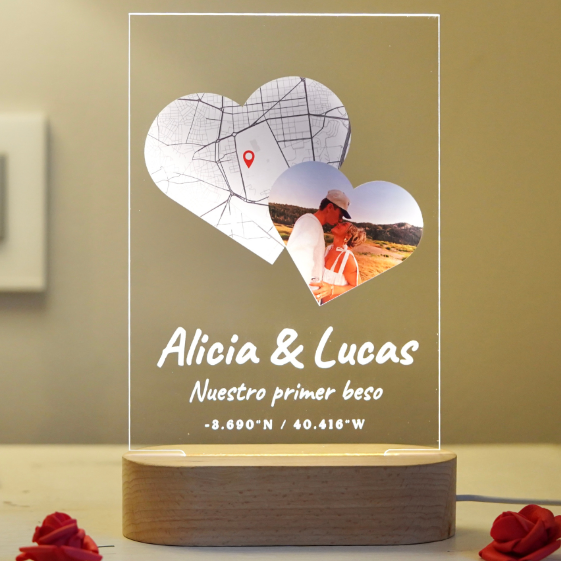 Candeeiro "I Love You" com fotos e base de luz