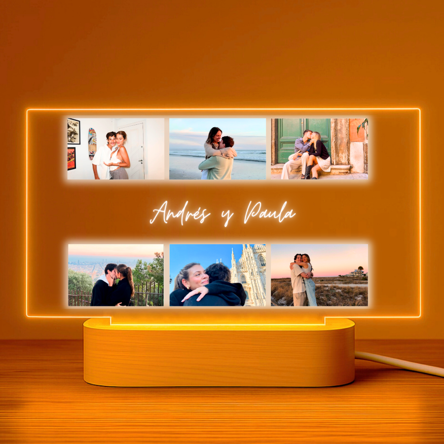 Lámpara personalizada con 6 fotos y texto sobre metacrilato premium