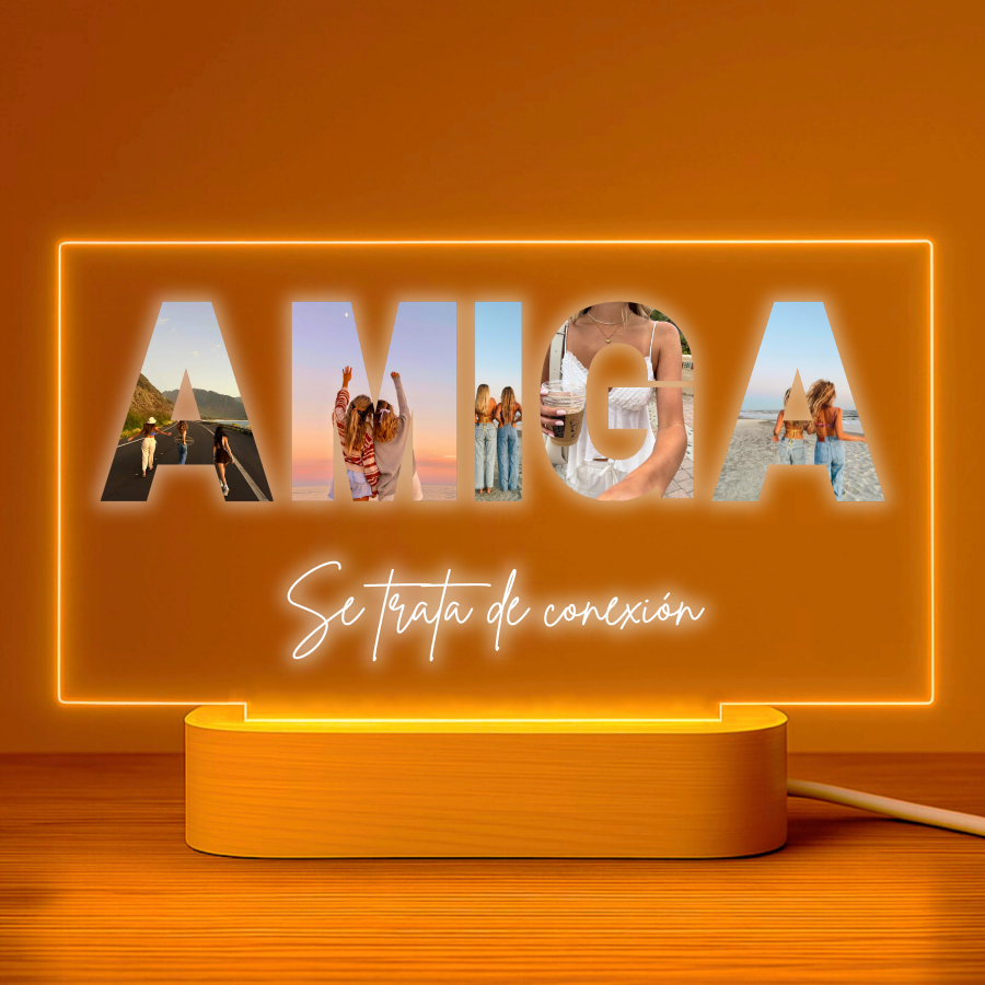 Lámpara personalizada AMIGA con 4 fotos en letras sobre metacrilato premium