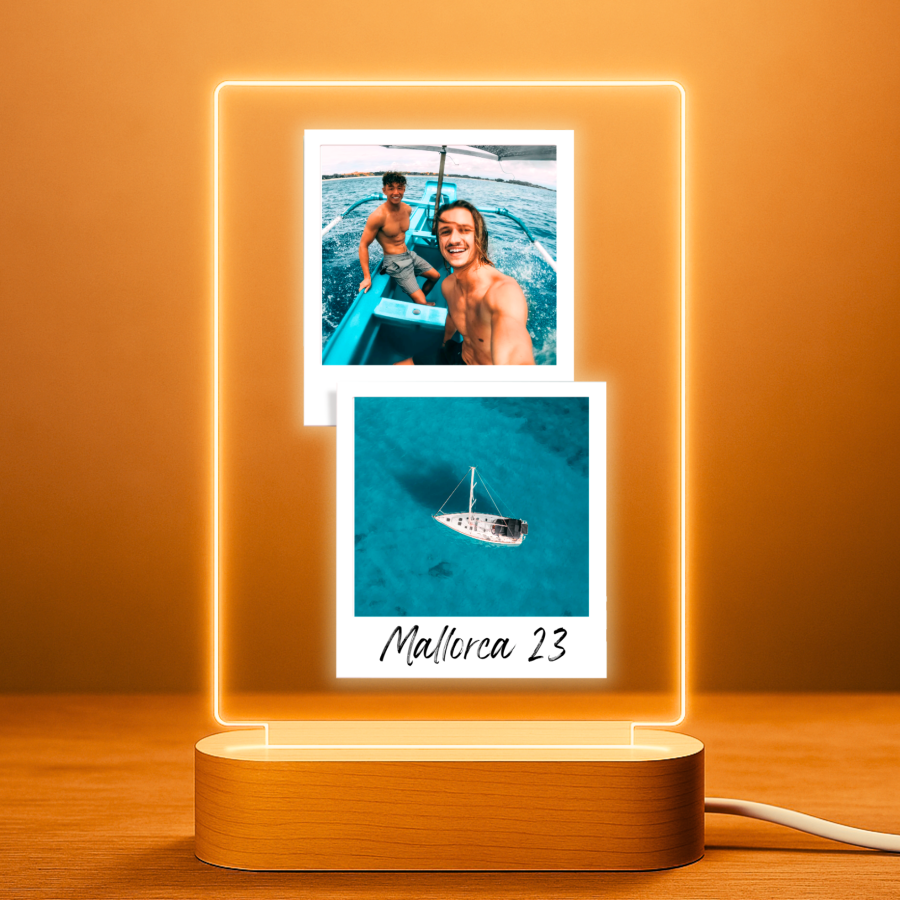 Lámpara personalizada con 2 fotos polaroid y mensaje sobre metacrilato premium