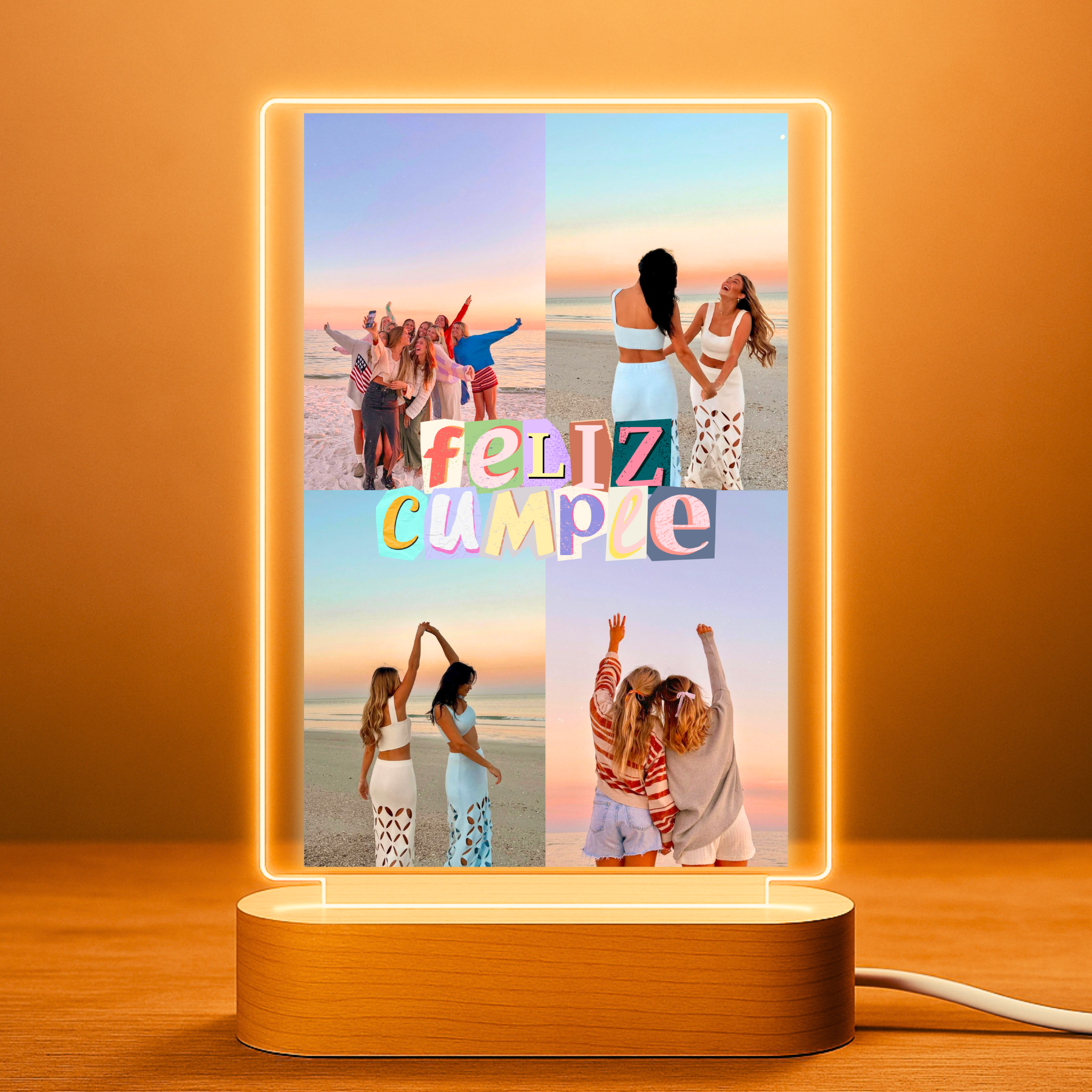 Lámpara personalizada feliz cumple con 4 fotos sobre metacrilato premium