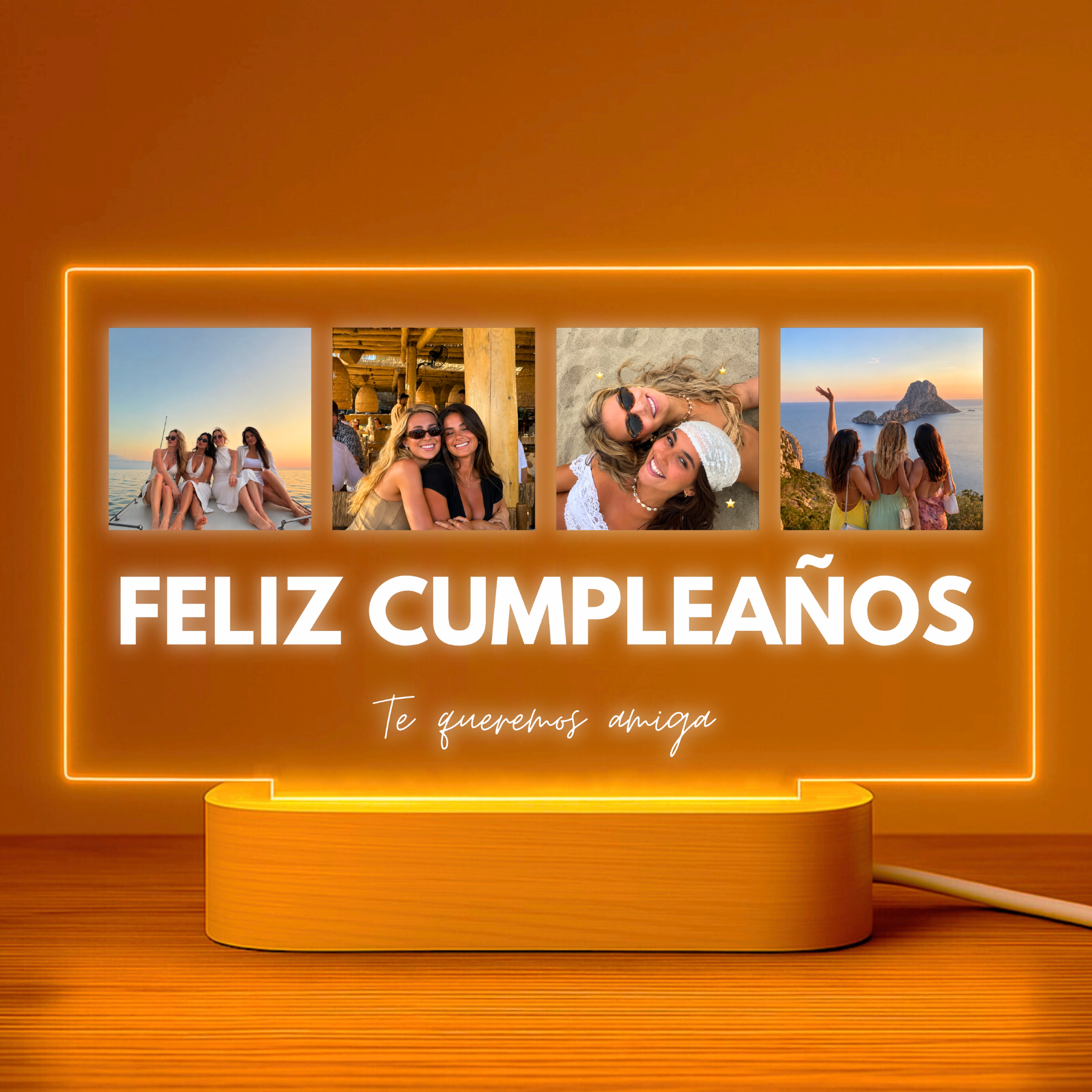 Lámpara feliz cumpleaños personalizada con 4 fotos y texto sobre metacrilato premium
