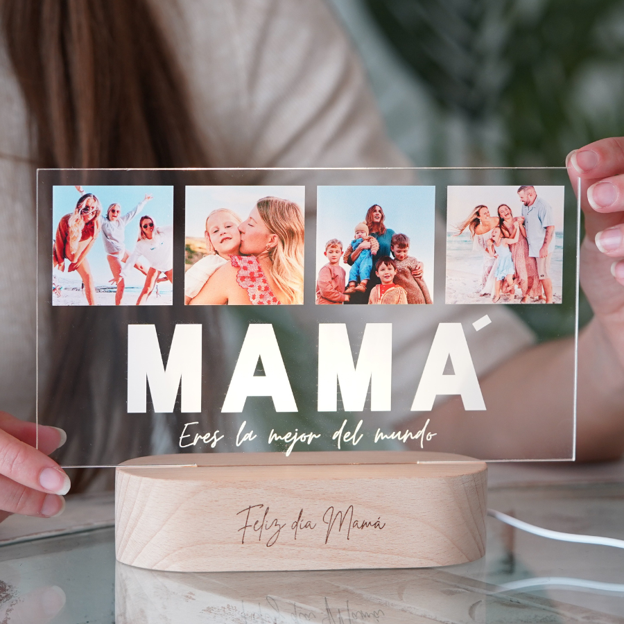 Lámpara para mamá personalizada con cuatro fotos familiares y el texto Eres la mejor del mundo