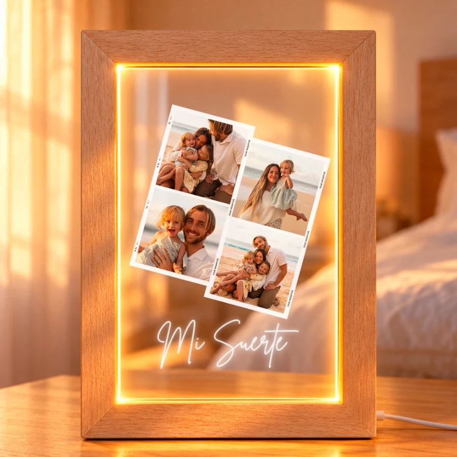 Lámpara marco de luz personalizada con 4 fotos familiares y mensaje Mi suerte, en metacrilato con marco LED de madera