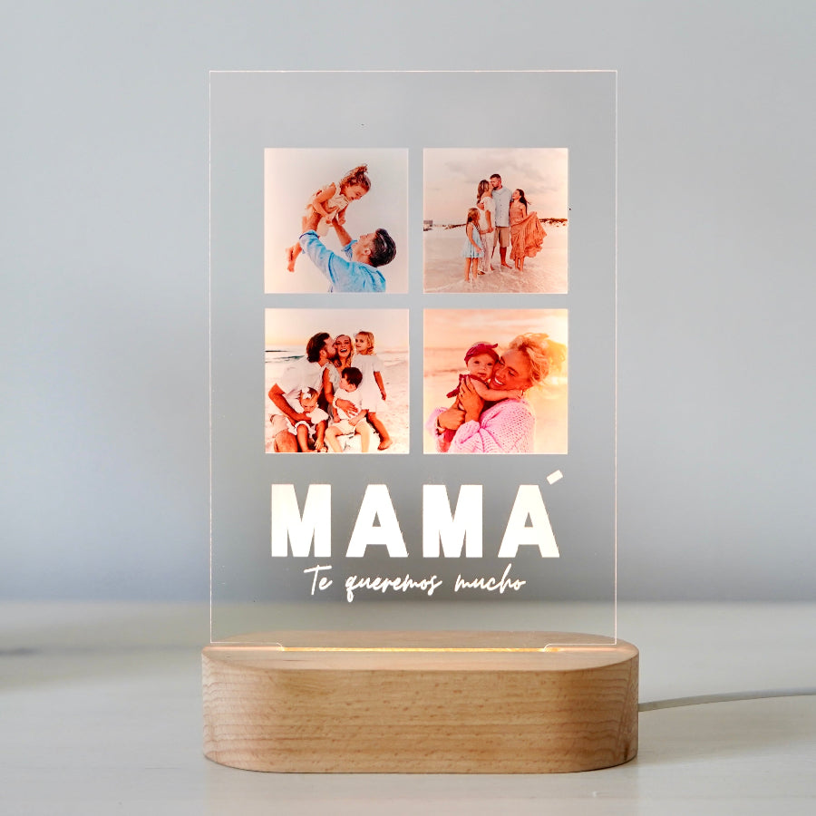 Lámpara para mamá con cuatro fotos familiares y texto personalizado sobre base de luz de madera