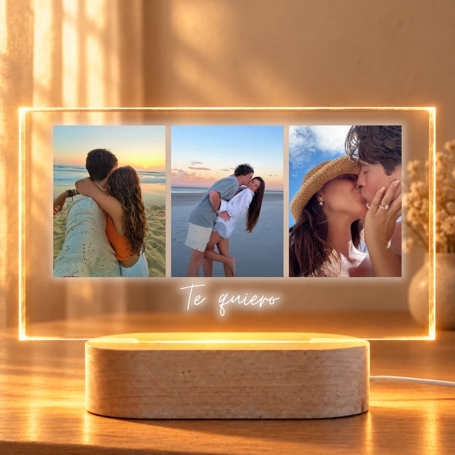 Lámpara personalizada con 3 fotos de pareja y dedicatoria Te quiero, en metacrilato con base de luz LED de madera