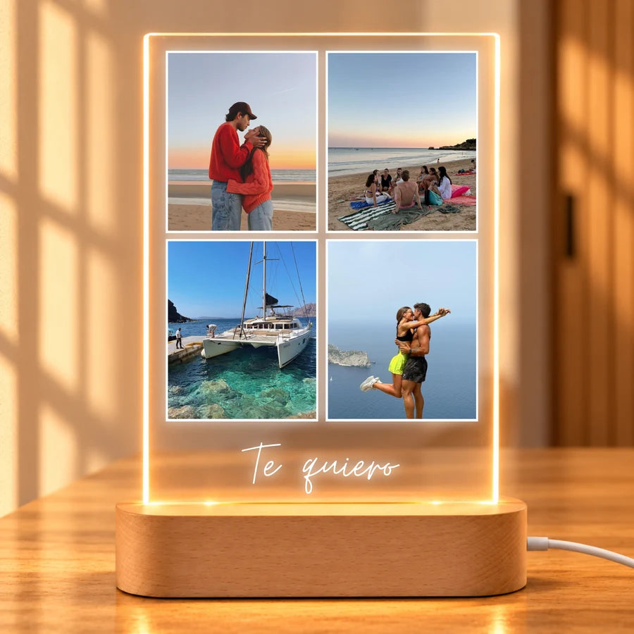 Lámpara personalizada vertical con 4 fotos de pareja y dedicatoria Te quiero, en metacrilato con base de luz LED de madera