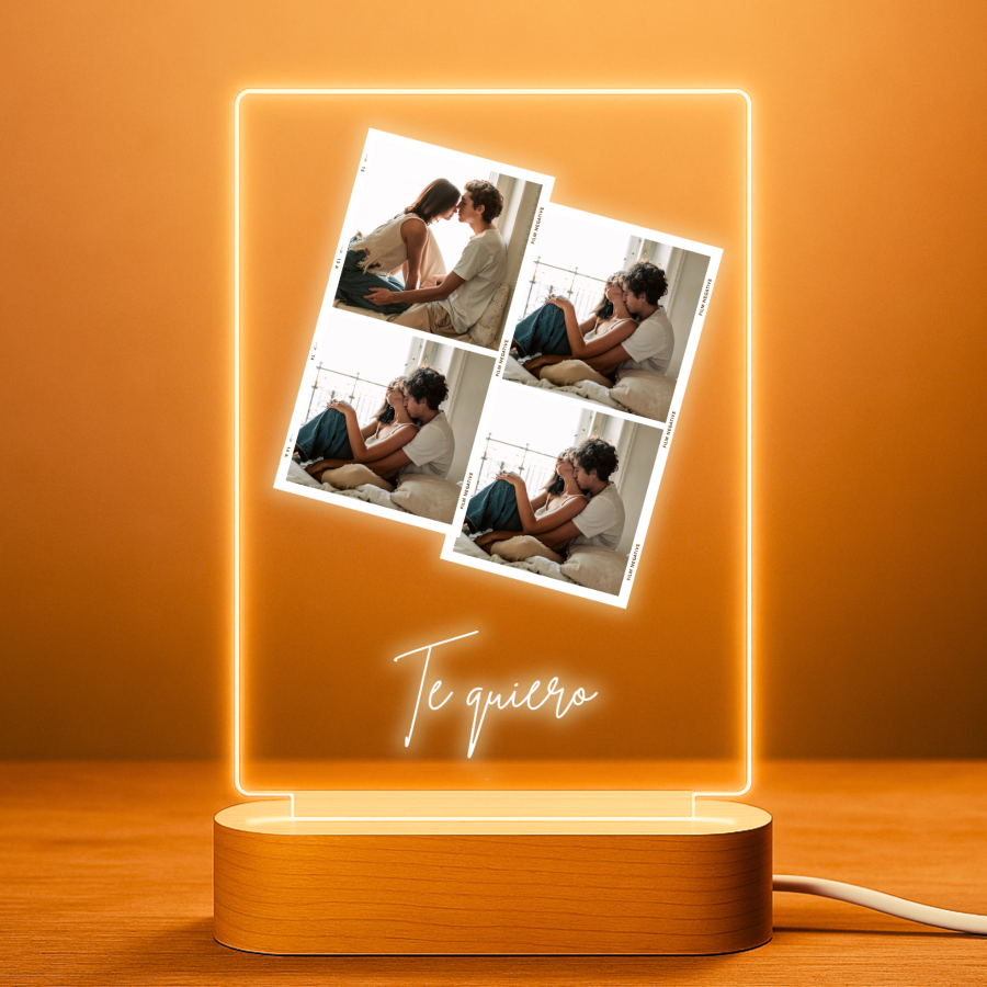Lámpara personalizada con 4 fotos de pareja, mensaje Te quiero y base de luz de madera