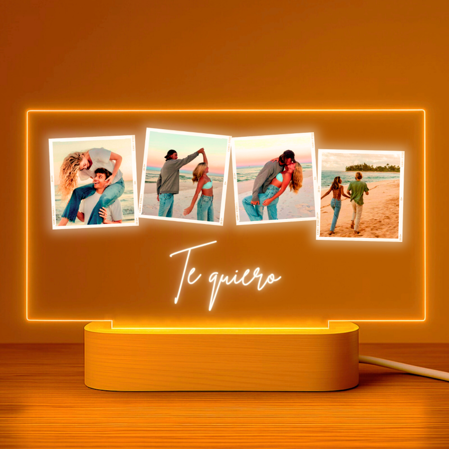 Lámpara personalizada con 4 fotos y texto sobre metacrilato premium