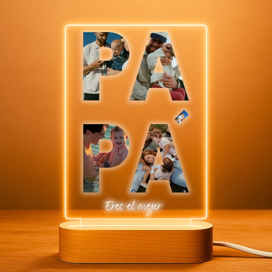 Lámpara personalizada PAPÁ con 4 fotos en letras sobre metacrilato premium