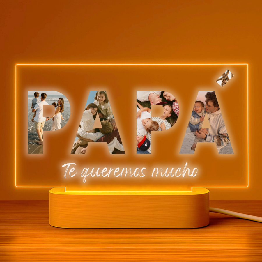 Lámpara personalizada PAPÁ con fotos en letras sobre metacrilato premium