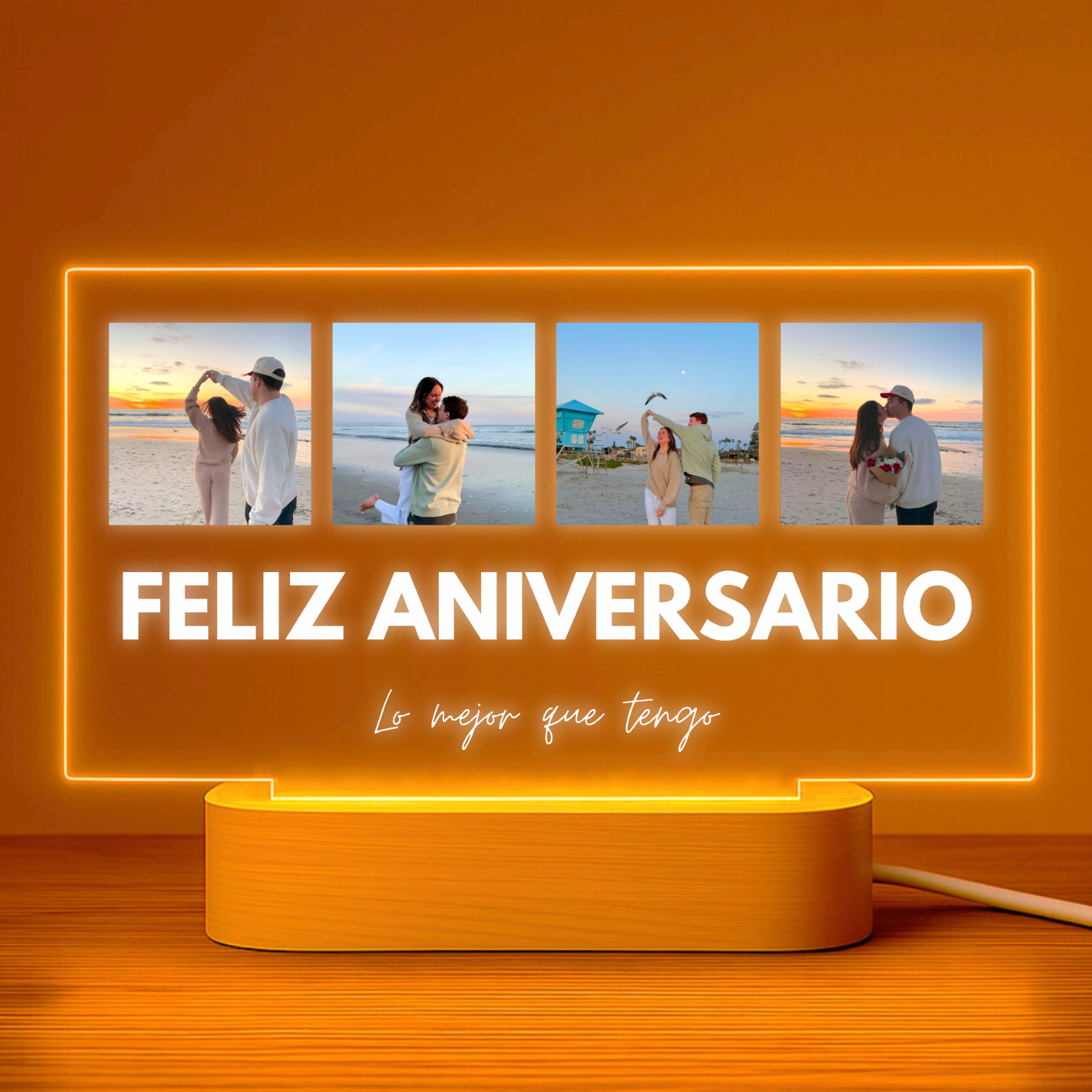  Lámpara personalizada aniversario con 4 fotos y texto sobre metacrilato premium