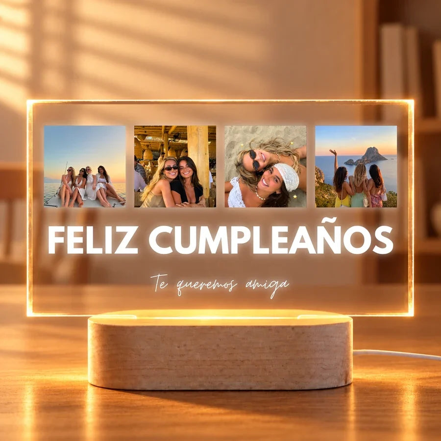 Lámpara de cumpleaños personalizada con 4 fotos y texto Feliz Cumpleaños en metacrilato con base de luz LED de madera
