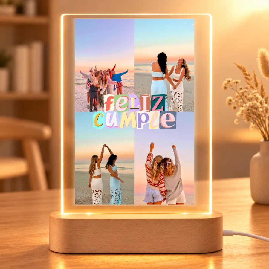 Lámpara personalizada Feliz Cumple con 4 fotos de amigas, regalo de cumpleaños en metacrilato con base LED de madera