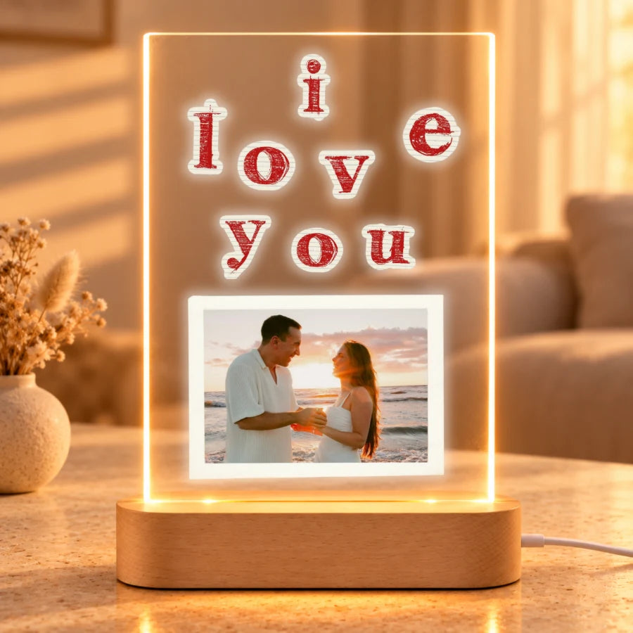 Lámpara personalizada I love you con foto de pareja, en metacrilato con base de luz LED de madera, regalo romántico