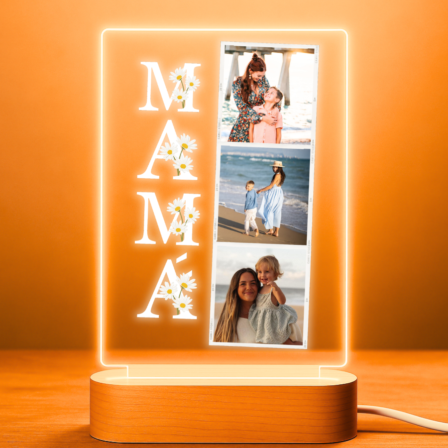 Lámpara personalizada para mamá con 3 fotos y flores, regalo para el Día de la Madre