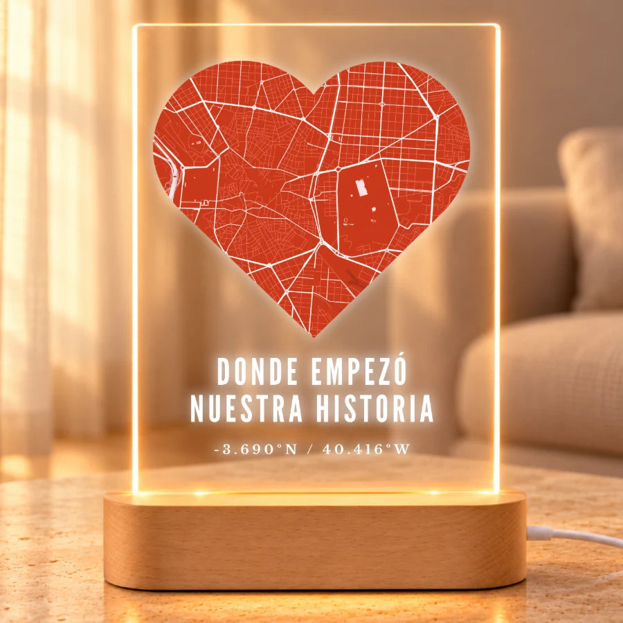 Lámpara personalizada con mapa en forma de corazón y texto Donde empezó nuestra historia, en metacrilato con base LED