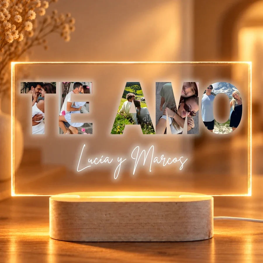 Lámpara personalizada TE AMO con fotos dentro de las letras y nombres de la pareja, en metacrilato con base LED de madera