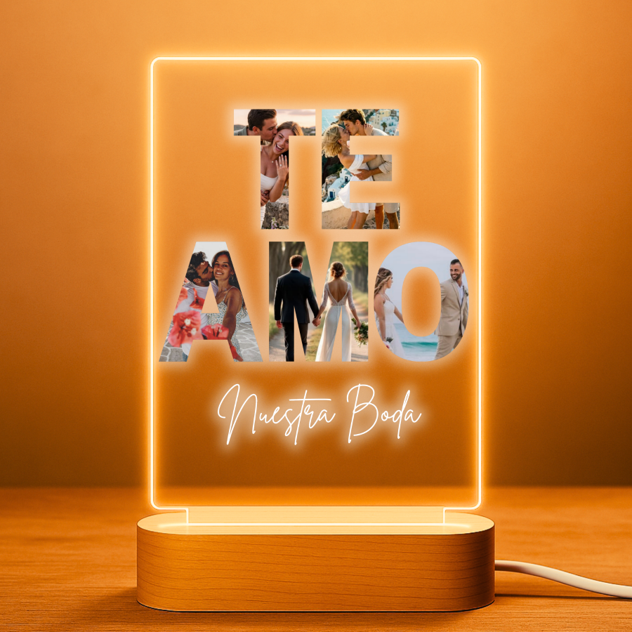 Lámpara personalizada TE AMO con fotos y dedicatoria sobre metacrilato premium