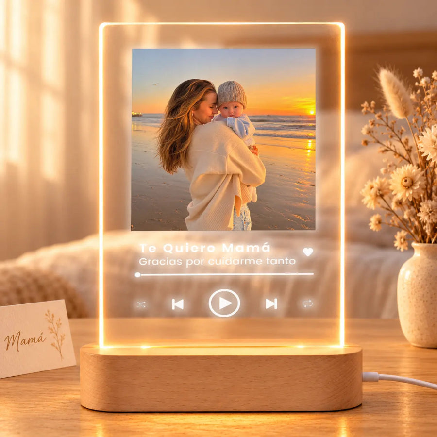 Lámpara Spotify personalizada con foto y canción de madre en metacrilato con base de luz LED de madera, regalo de aniversario
