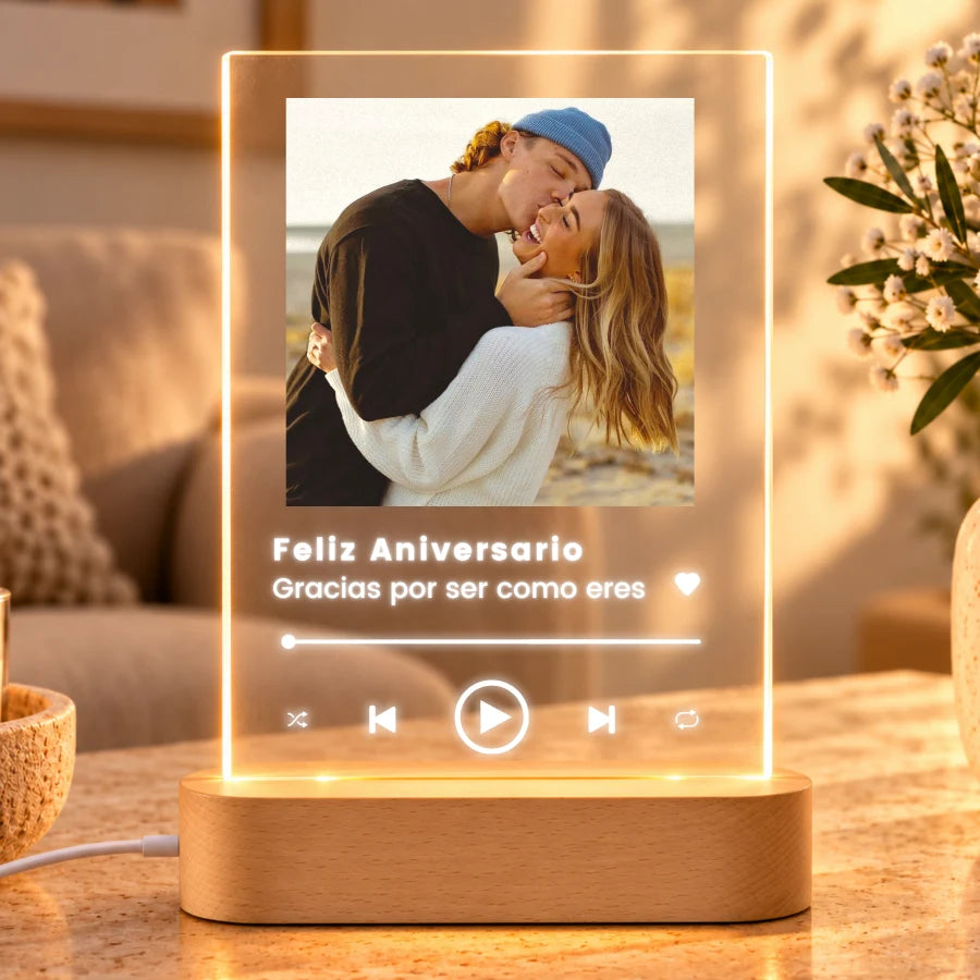 Lámpara Spotify personalizada con foto y canción de pareja en metacrilato con base de luz LED de madera, regalo de aniversario