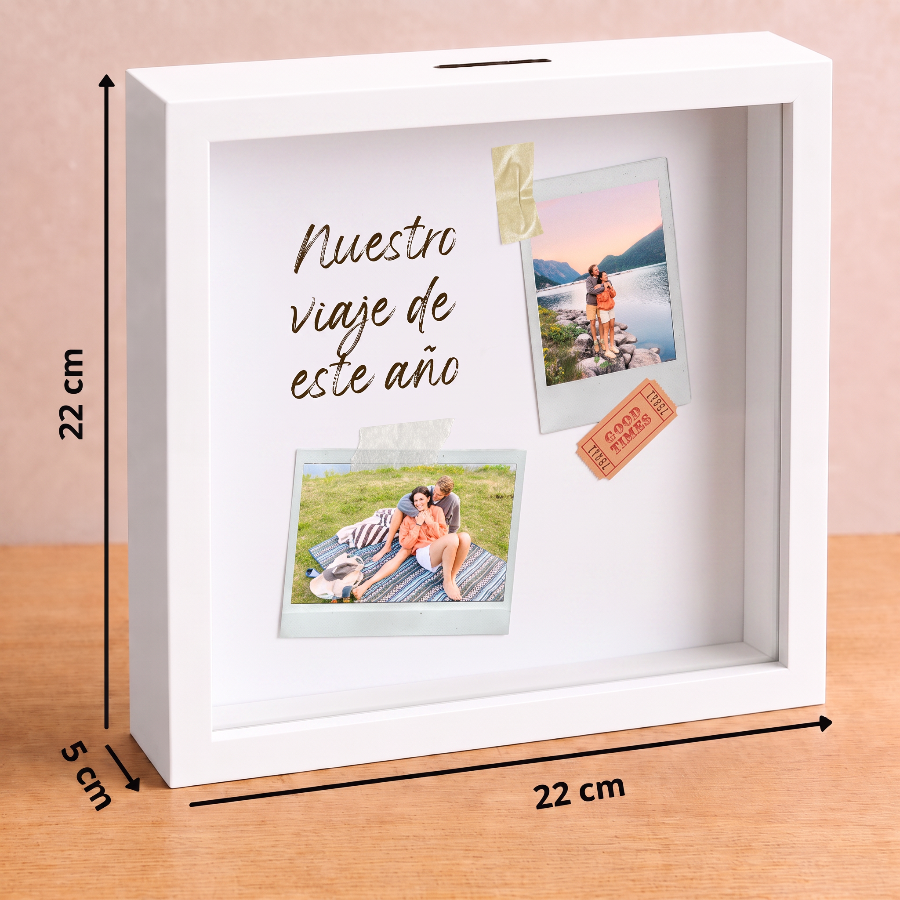 Medidas de hucha personalizada con 2 fotos y ranura superior para monedas